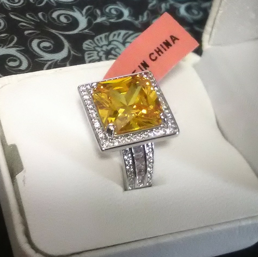Simulated Yellow & White Diamond Square Ring